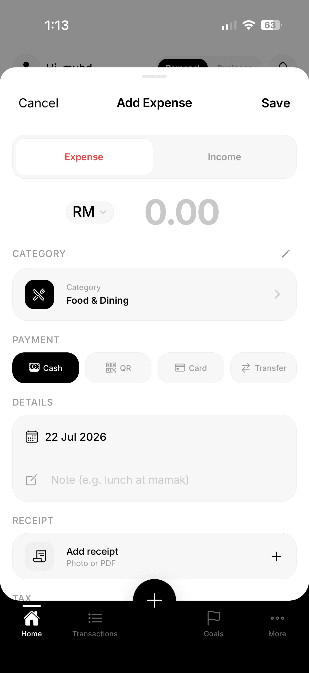Belanje expense entry showing category, payment method, receipt and tax details