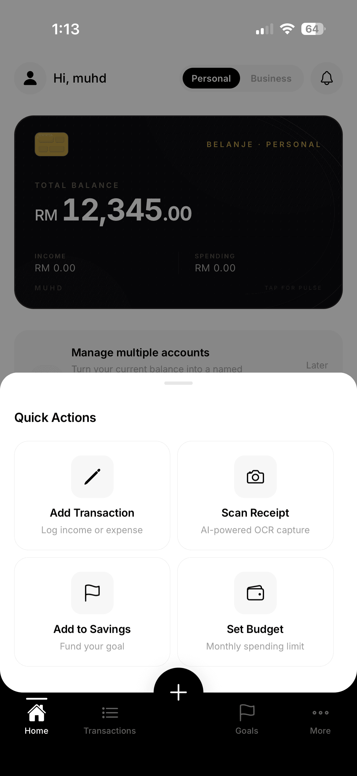 Belanje quick actions menu on iPhone